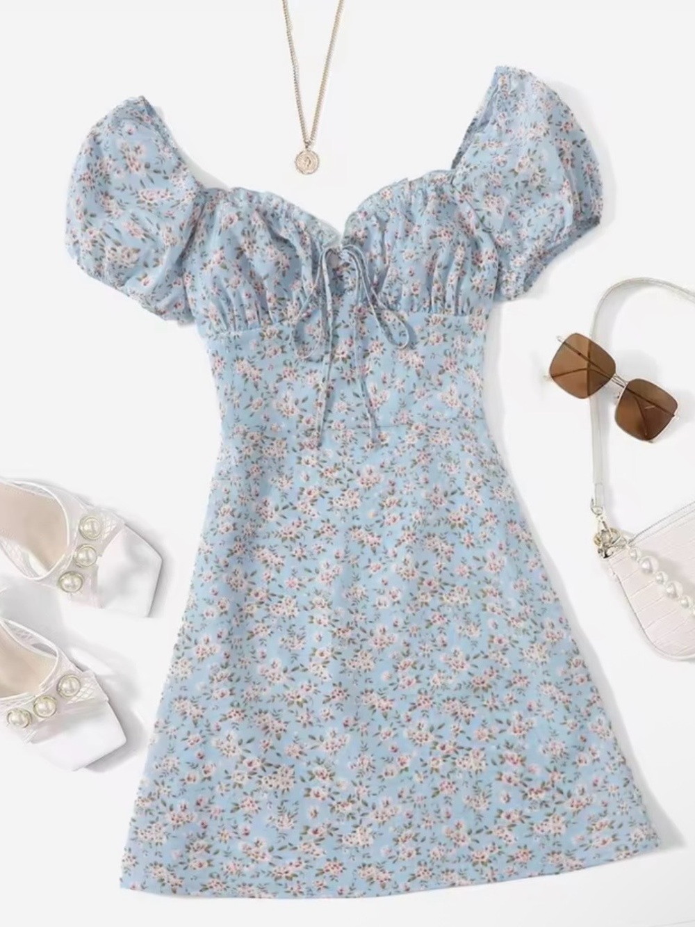 SHEIN Ditsy Floral Puff Sleeve Ruched Bust Mini Dress - Light Blue (Size [XL])